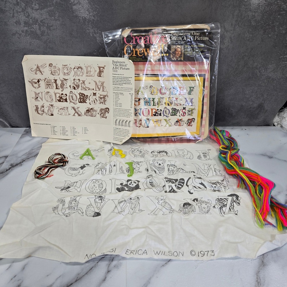 Vintage 1973 Erica Wilson Creative Crewel ABC Animal Wool Kit 7331 Started